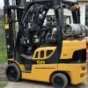 1676 Yale model GLC050VXNVRE083 serial # A910V24565M, 5000 lb. lifting capacity, LP gas powered, Triple mast, 83" lowered height, 189" raised height, 4 way hydraulics, Side shift, Cushion tires, 9091 hours, Year 2014