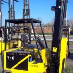 710 Hyster model E50XL serial # C108V14921M, 5000 lb lifting capacity, Electric powered, Cushion tires, Triple upright, 284" raised height, 123" lowered height, Side shift, Year 1991